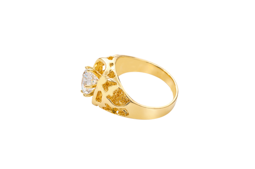 14KT Gold Ring Men's Rounded Corner Rectangle 6 Prongs White CZ Center Stone Platform with Shank Hollow Nugget