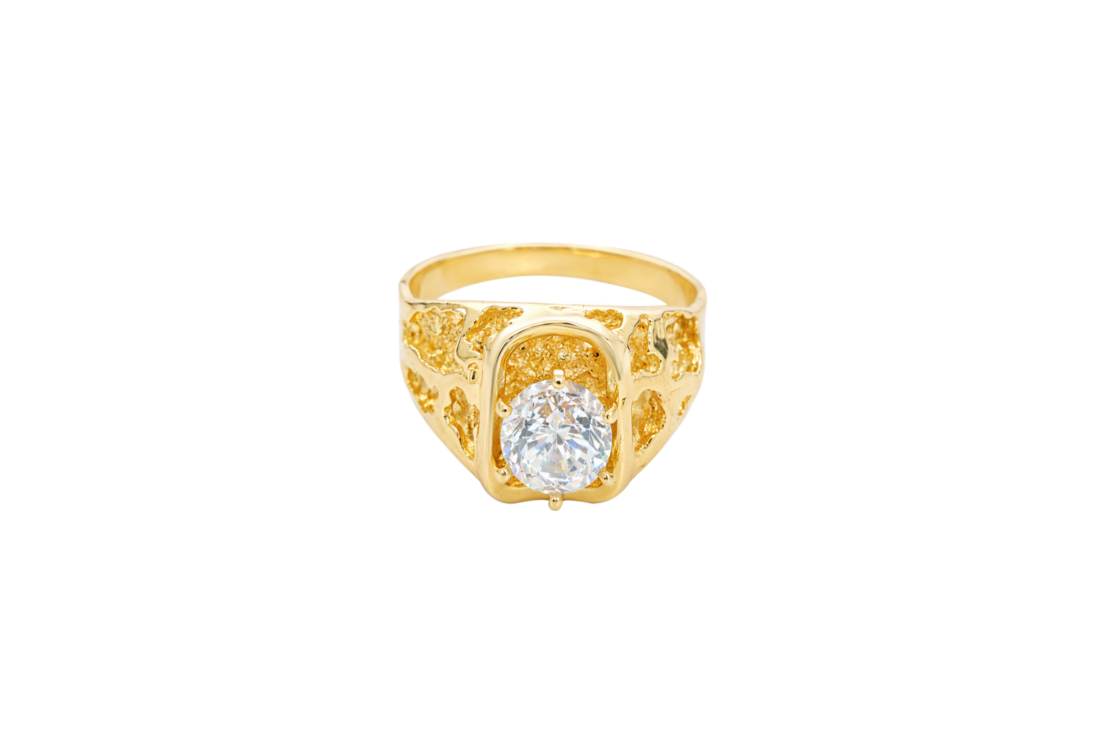 14KT Gold Ring Men's Rounded Corner Rectangle 6 Prongs White CZ Center Stone Platform with Shank Hollow Nugget