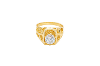 14KT Gold Ring Men's Rounded Corner Rectangle 6 Prongs White CZ Center Stone Platform with Shank Hollow Nugget