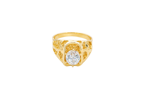 14KT Gold Ring Men's Rounded Corner Rectangle 6 Prongs White CZ Center Stone Platform with Shank Hollow Nugget