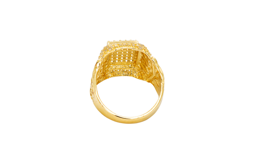 14KT Gold Ring Men's Rectangle White CZ Stone Seven Row Platform Plain Border Edge White CZ Stone Shank Gold Fancy Scroll Print