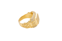 14KT Gold Ring Men's Rectangle White CZ Stone Seven Row Platform Plain Border Edge White CZ Stone Shank Gold Fancy Scroll Print