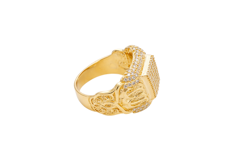 14KT Gold Ring Men's Rectangle White CZ Stone Seven Row Platform Plain Border Edge White CZ Stone Shank Gold Fancy Scroll Print