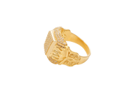 14KT Gold Ring Men's Rectangle White CZ Stone Seven Row Platform Plain Border Edge White CZ Stone Shank Gold Fancy Scroll Print