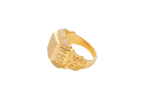14KT Gold Ring Men's Rectangle White CZ Stone Seven Row Platform Plain Border Edge White CZ Stone Shank Gold Fancy Scroll Print