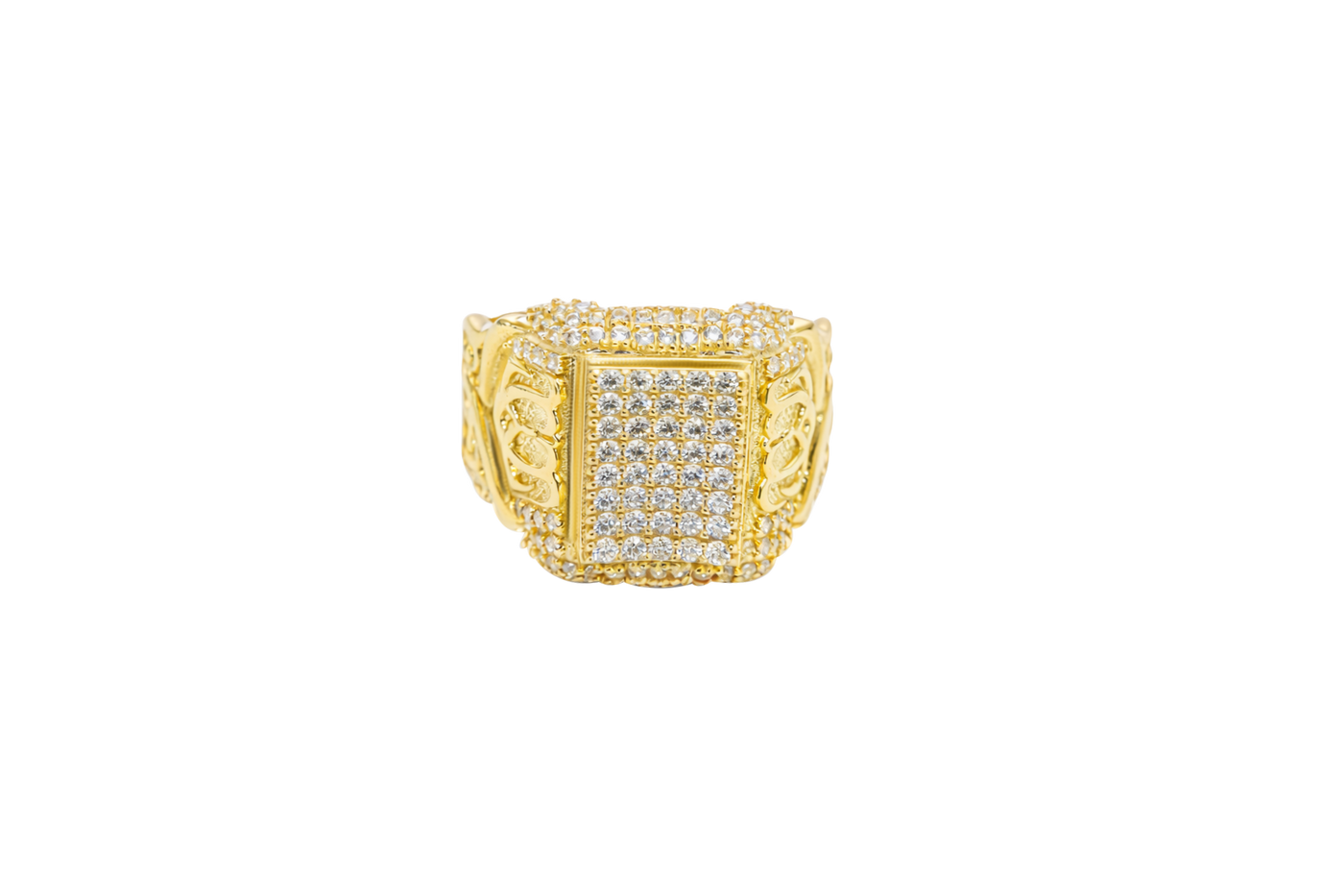 14KT Gold Ring Men's Rectangle White CZ Stone Seven Row Platform Plain Border Edge White CZ Stone Shank Gold Fancy Scroll Print