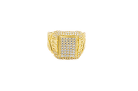 14KT Gold Ring Men's Rectangle White CZ Stone Seven Row Platform Plain Border Edge White CZ Stone Shank Gold Fancy Scroll Print