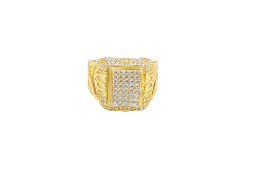 14KT Gold Ring Men's Rectangle White CZ Stone Seven Row Platform Plain Border Edge White CZ Stone Shank Gold Fancy Scroll Print