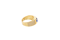 14KT Gold Ring Men's Square Blue Round CZ Center Stone Square Plain Border with White CZ Stones Side Design Eight Rows of Five White CZ Round Stones
