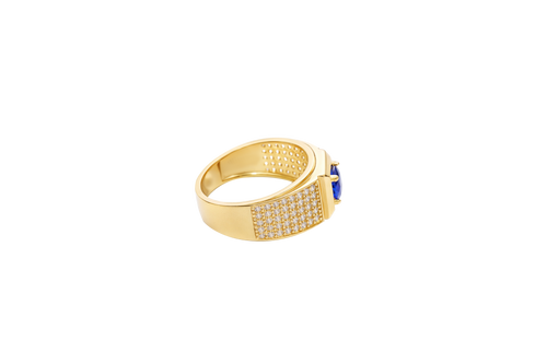 14KT Gold Ring Men's Square Blue Round CZ Center Stone Square Plain Border with White CZ Stones Side Design Eight Rows of Five White CZ Round Stones