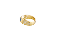 14KT Gold Ring Men's Square Blue Round CZ Center Stone Square Plain Border with White CZ Stones Side Design Eight Rows of Five White CZ Round Stones