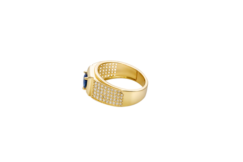 14KT Gold Ring Men's Square Blue Round CZ Center Stone Square Plain Border with White CZ Stones Side Design Eight Rows of Five White CZ Round Stones