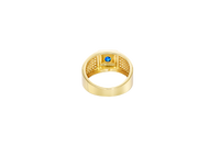 14KT Gold Ring Men's Square Blue Round CZ Center Stone Square Plain Border with White CZ Stones Side Design Eight Rows of Five White CZ Round Stones