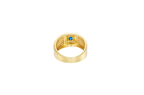 14KT Gold Ring Men's Square Blue Round CZ Center Stone Square Plain Border with White CZ Stones Side Design Eight Rows of Five White CZ Round Stones