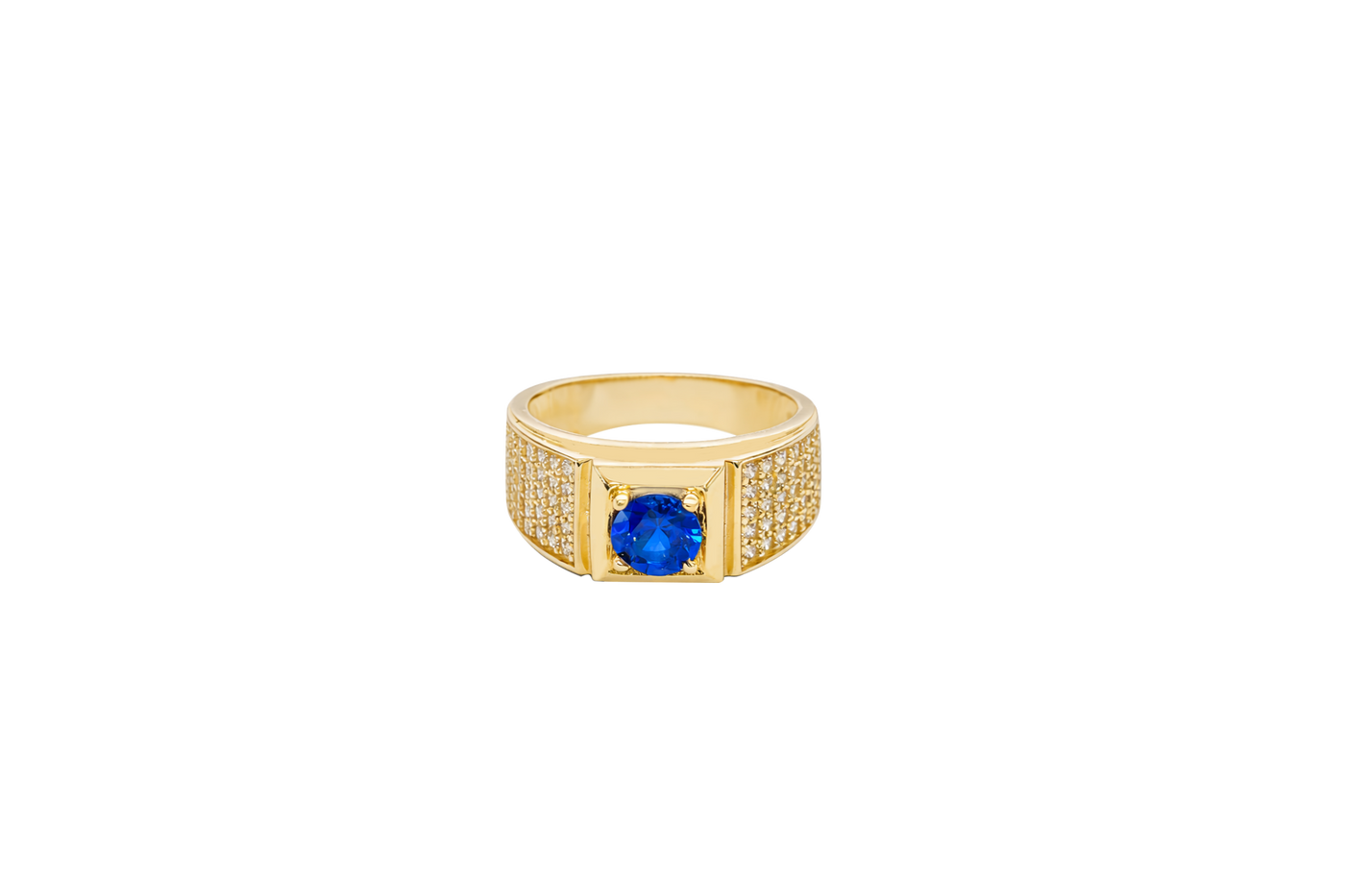 14KT Gold Ring Men's Square Blue Round CZ Center Stone Square Plain Border with White CZ Stones Side Design Eight Rows of Five White CZ Round Stones