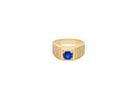 14KT Gold Ring Men's Square Blue Round CZ Center Stone Square Plain Border with White CZ Stones Side Design Eight Rows of Five White CZ Round Stones
