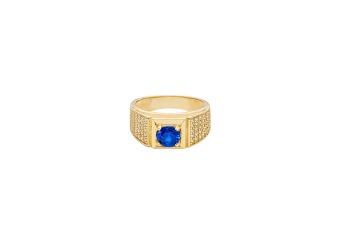 14KT Gold Ring Men's Square Blue Round CZ Center Stone Square Plain Border with White CZ Stones Side Design Eight Rows of Five White CZ Round Stones