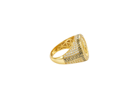 14KT Gold Ring Men's Round Raised Half Horse/Horseshoe Coin Design with Single Row White CZ Stone Border Shank Design Black Background Greek Pave White CZ Stones