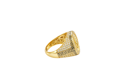 14KT Gold Ring Men's Round Raised Half Horse/Horseshoe Coin Design with Single Row White CZ Stone Border Shank Design Black Background Greek Pave White CZ Stones