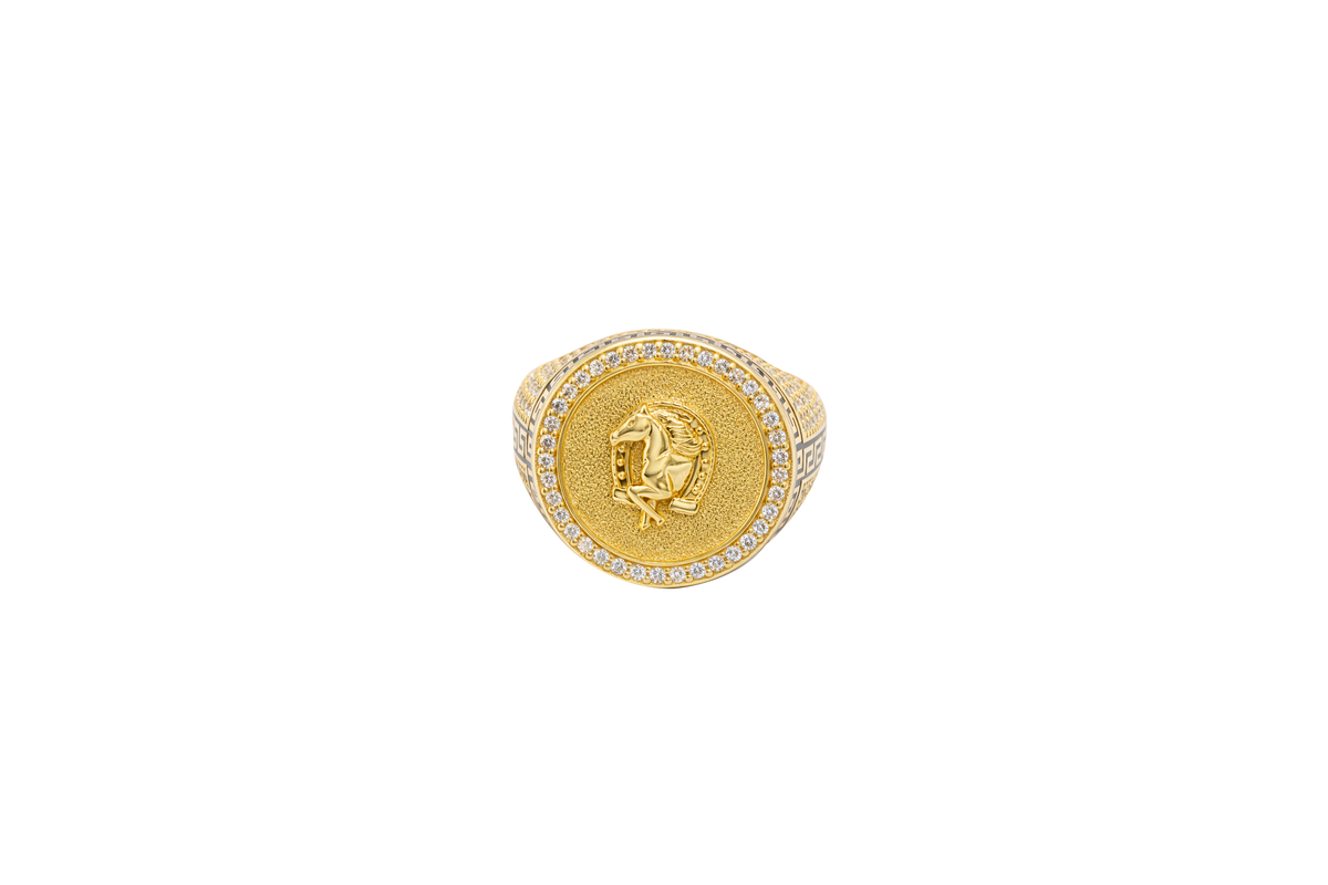 14KT Gold Ring Men's Round Raised Half Horse/Horseshoe Coin Design with Single Row White CZ Stone Border Shank Design Black Background Greek Pave White CZ Stones