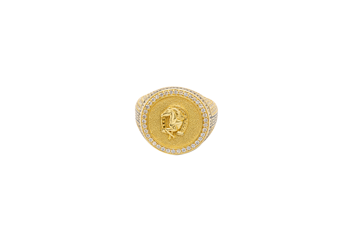 14KT Gold Ring Men's Round Raised Half Horse/Horseshoe Coin Design with Single Row White CZ Stone Border Shank Design Black Background Greek Pave White CZ Stones