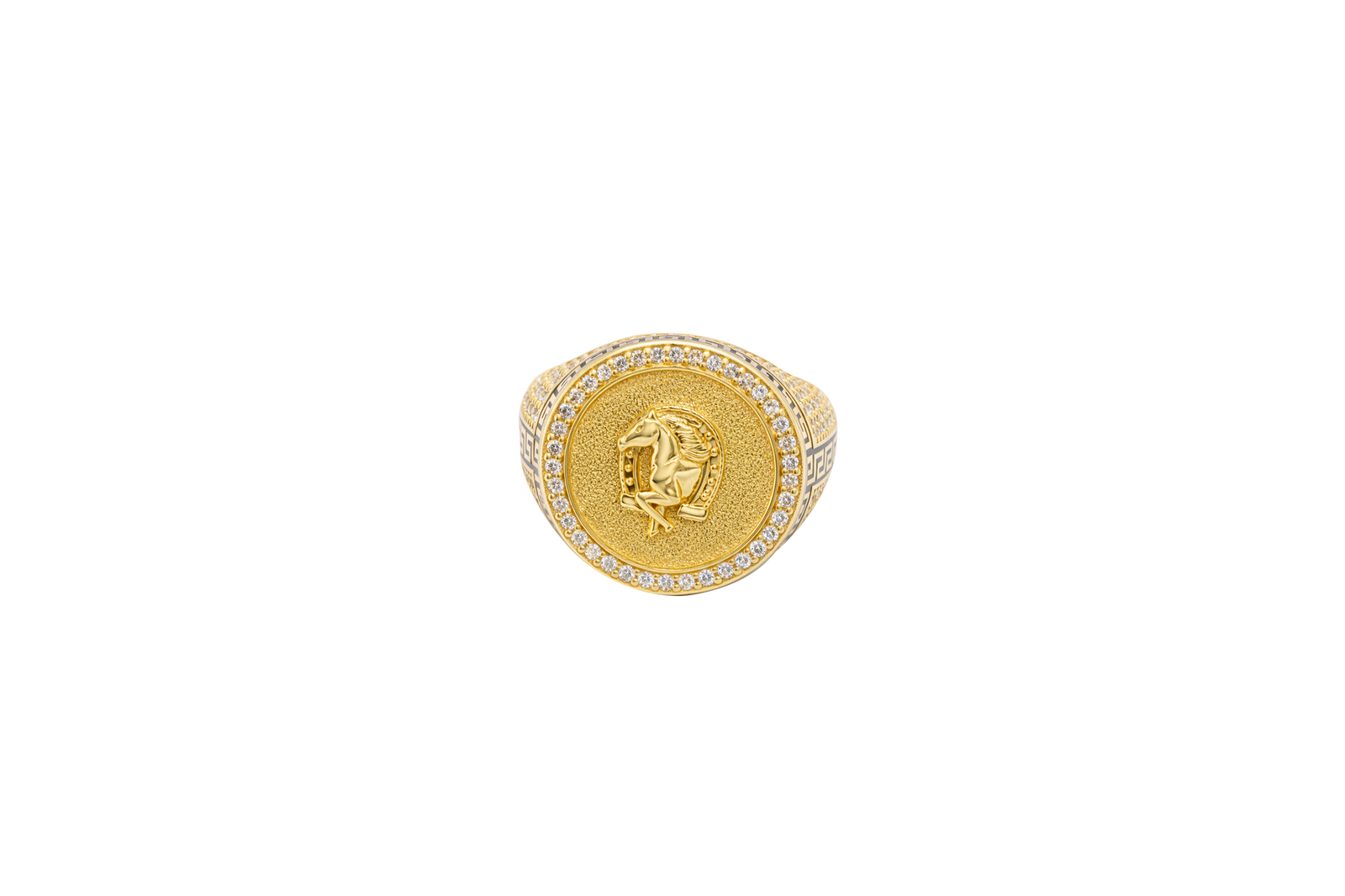 14KT Gold Ring Men's Round Raised Half Horse/Horseshoe Coin Design with Single Row White CZ Stone Border Shank Design Black Background Greek Pave White CZ Stones