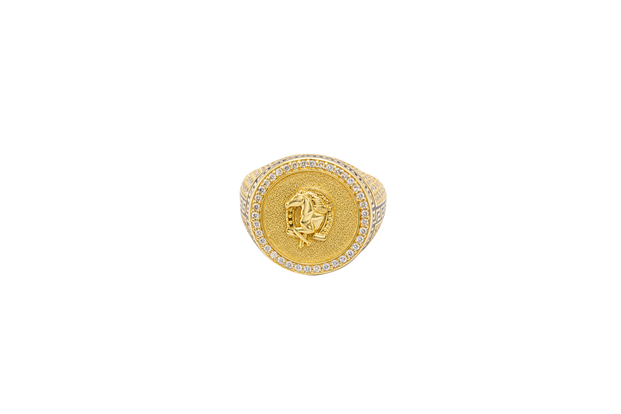 14KT Gold Ring Men's Round Raised Half Horse/Horseshoe Coin Design with Single Row White CZ Stone Border Shank Design Black Background Greek Pave White CZ Stones