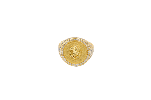 14KT Gold Ring Men's Round Raised Half Horse/Horseshoe Coin Design with Single Row White CZ Stone Border Shank Design Black Background Greek Pave White CZ Stones