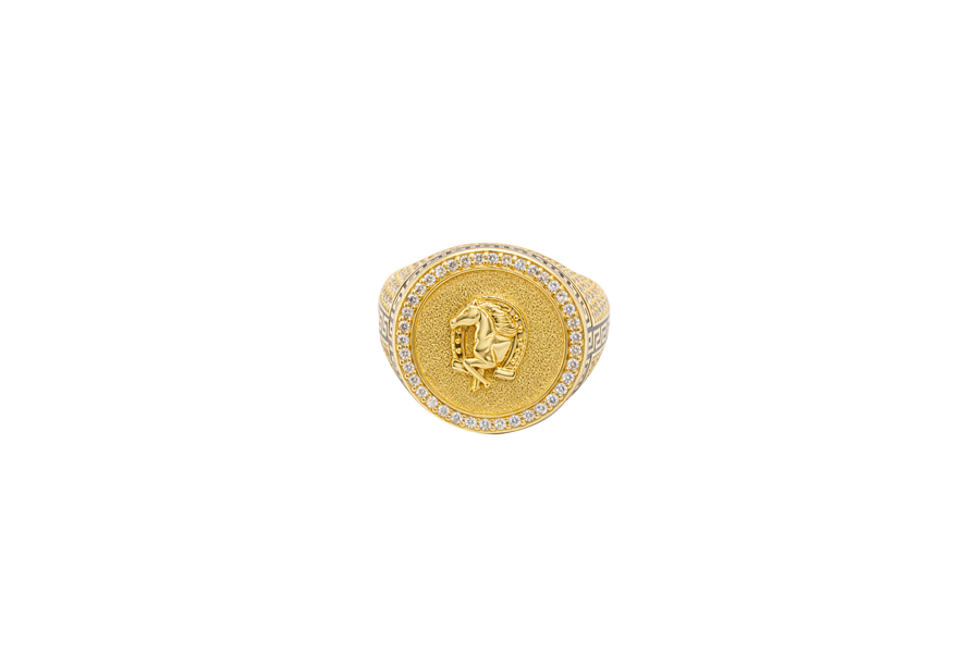 14KT Gold Ring Men's Round Raised Half Horse/Horseshoe Coin Design with Single Row White CZ Stone Border Shank Design Black Background Greek Pave White CZ Stones