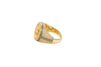 14KT Gold Ring Men's Round Raised Half Horse/Horseshoe Coin Design with Single Row White CZ Stone Border Shank Design Black Background Greek Pave White CZ Stones
