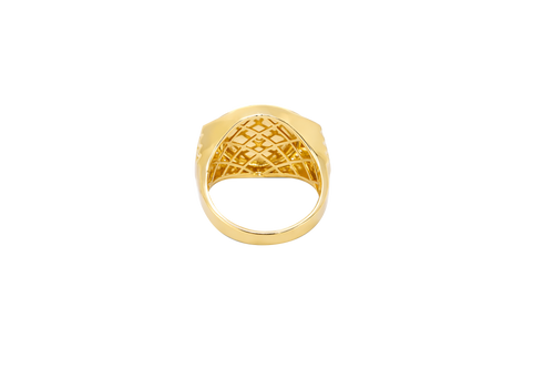 14KT Gold Ring Men's Round Raised Lion Head Coin Design with Single Row White CZ Stone Border Shank Design Four Ridges Under Four Bar Waterfall Edge