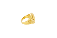 14KT Gold Ring Men's Round Raised Lion Head Coin Design with Single Row White CZ Stone Border Shank Design Four Ridges Under Four Bar Waterfall Edge