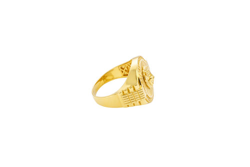 14KT Gold Ring Men's Round Raised Lion Head Coin Design with Single Row White CZ Stone Border Shank Design Four Ridges Under Four Bar Waterfall Edge