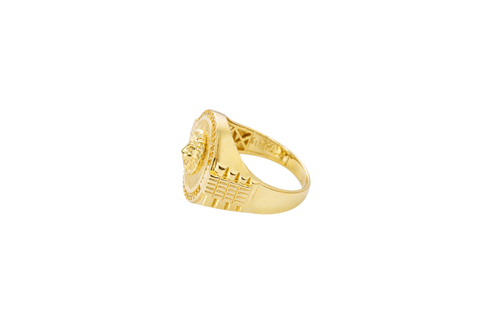 14KT Gold Ring Men's Round Raised Lion Head Coin Design with Single Row White CZ Stone Border Shank Design Four Ridges Under Four Bar Waterfall Edge
