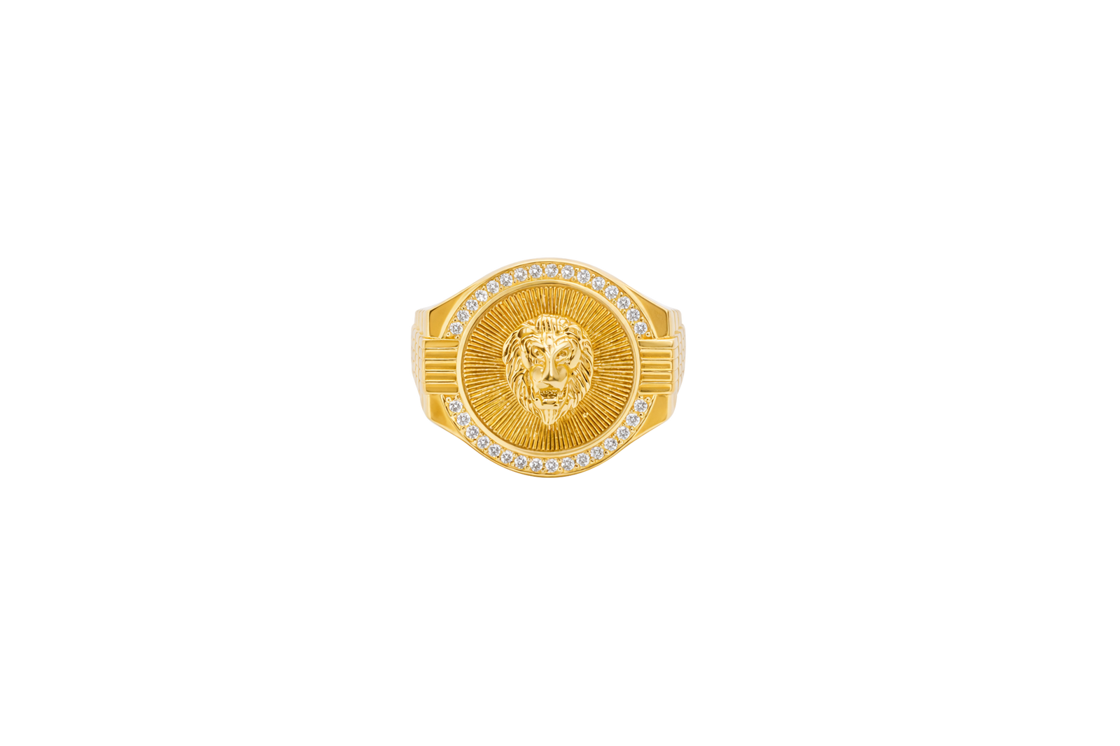 14KT Gold Ring Men's Round Raised Lion Head Coin Design with Single Row White CZ Stone Border Shank Design Four Ridges Under Four Bar Waterfall Edge