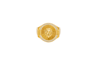 14KT Gold Ring Men's Round Raised Lion Head Coin Design with Single Row White CZ Stone Border Shank Design Four Ridges Under Four Bar Waterfall Edge