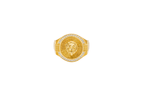 14KT Gold Ring Men's Round Raised Lion Head Coin Design with Single Row White CZ Stone Border Shank Design Four Ridges Under Four Bar Waterfall Edge