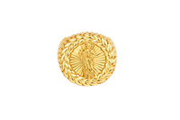 14KT Gold Ring Men's Round St. Jude Wreath Border White CZ Stones Leaf Pattern on Shank (Two White CZ Stones in each Leaf)