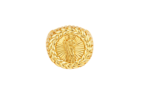 14KT Gold Ring Men's Round St. Jude Wreath Border White CZ Stones Leaf Pattern on Shank (Two White CZ Stones in each Leaf)