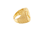 14KT Gold Ring Men's Round St. Jude Wreath Border White CZ Stones Leaf Pattern on Shank (Two White CZ Stones in each Leaf)