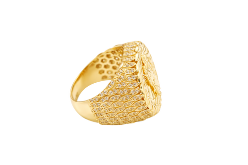 14KT Gold Ring Men's Round St. Jude Wreath Border White CZ Stones Leaf Pattern on Shank (Two White CZ Stones in each Leaf)