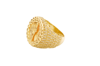 14KT Gold Ring Men's Round St. Jude Wreath Border White CZ Stones Leaf Pattern on Shank (Two White CZ Stones in each Leaf)