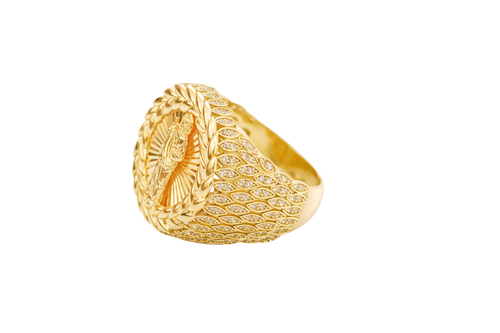 14KT Gold Ring Men's Round St. Jude Wreath Border White CZ Stones Leaf Pattern on Shank (Two White CZ Stones in each Leaf)
