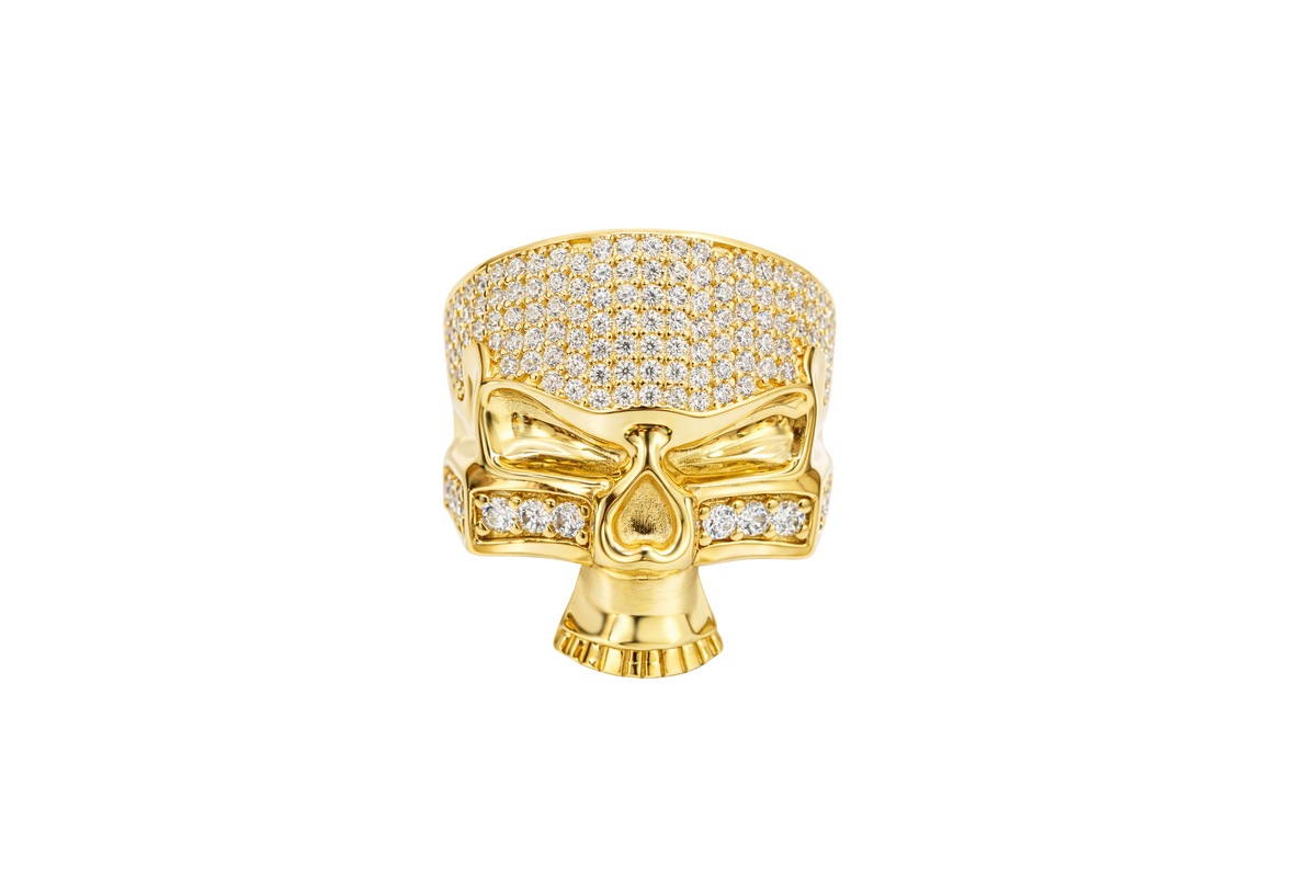 14KT Gold Ring Men's Punisher Skull with White CZ Stones on Face