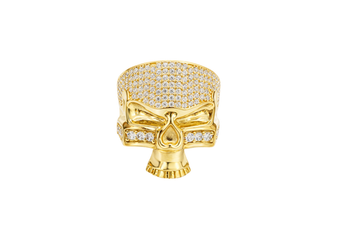 14KT Gold Ring Men's Punisher Skull with White CZ Stones on Face