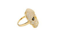 14KT Gold Ring Men's Skull with White CZ Stone Face Black Eyes and Baguette Teeth Plain Band