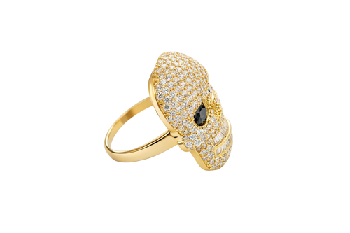14KT Gold Ring Men's Skull with White CZ Stone Face Black Eyes and Baguette Teeth Plain Band