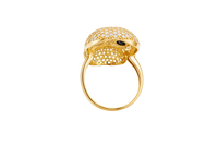 14KT Gold Ring Men's Skull with White CZ Stone Face Black Eyes and Baguette Teeth Plain Band