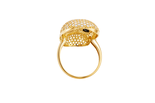 14KT Gold Ring Men's Skull with White CZ Stone Face Black Eyes and Baguette Teeth Plain Band