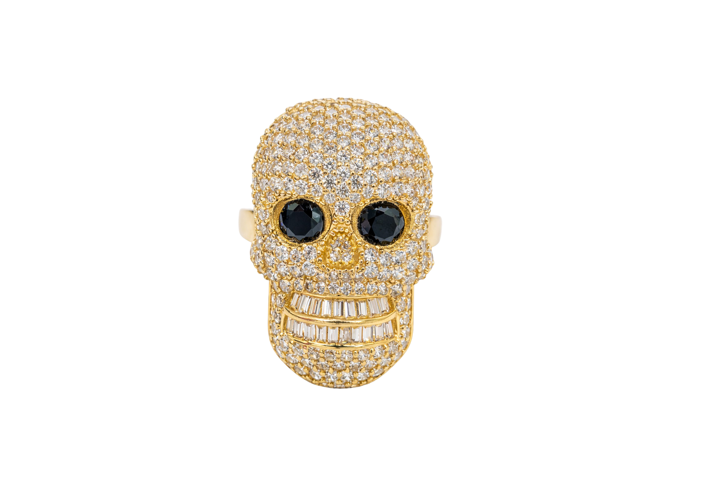 14KT Gold Ring Men's Skull with White CZ Stone Face Black Eyes and Baguette Teeth Plain Band